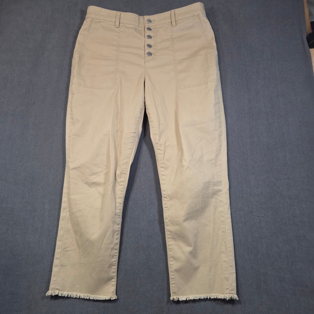 LOFT Utility Pants Womens 12 Tan Button Fly Frayed Hem High Rise Khaki